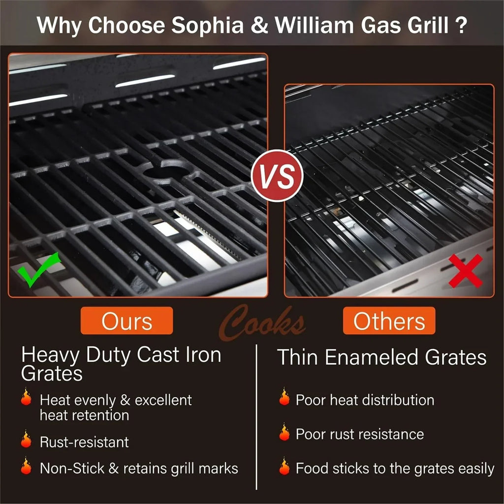 Burner Gas grill with side burner and enameled cast iron grille 42,000BTU outdoor cooking stainless steel propane grill Garden grill, silver