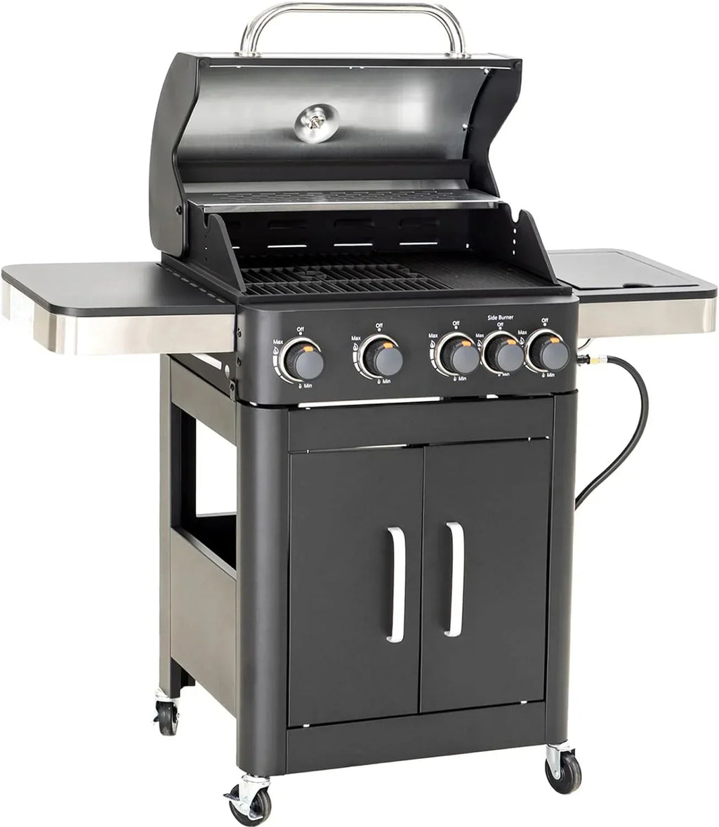 Burner Gas grill with side burner and enameled cast iron grille 42,000BTU outdoor cooking stainless steel propane grill Garden grill, silver