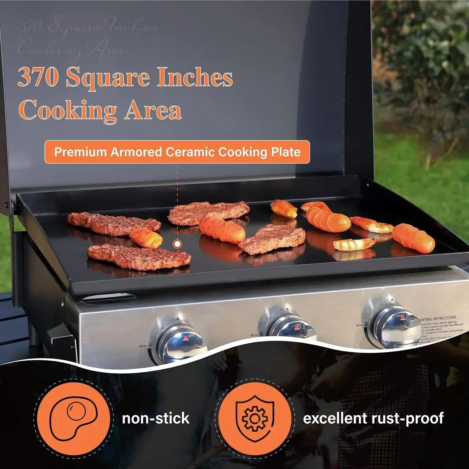 Burner Gas grill with side burner and enameled cast iron grille 42,000BTU outdoor cooking stainless steel propane grill Garden grill, silver