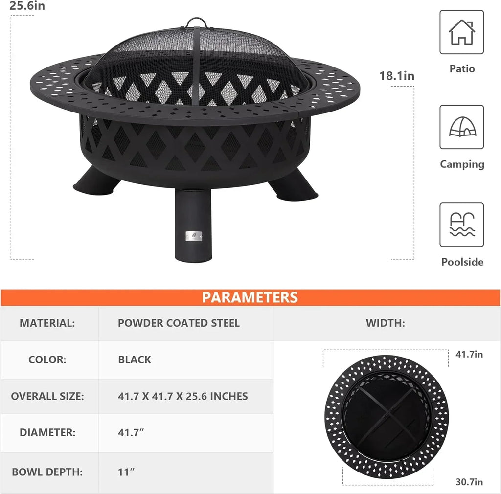 SUNCREAT 42” Patio Fire Pit Wood Burning with Mesh Spark Screen, Bonfire Outdoor firepit with Fireplace Poker, Black