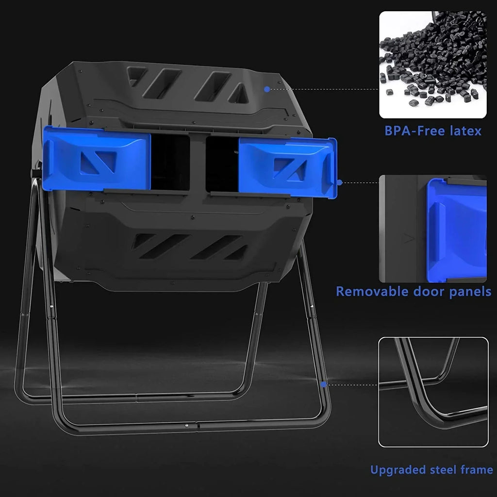 Large Compost Tumbler Bin Dual Compartment Better AirCirculation Efficient Compost BPA Free Sturdy Steel Frame 43Gallon (2 21.5Gal) Blue Door