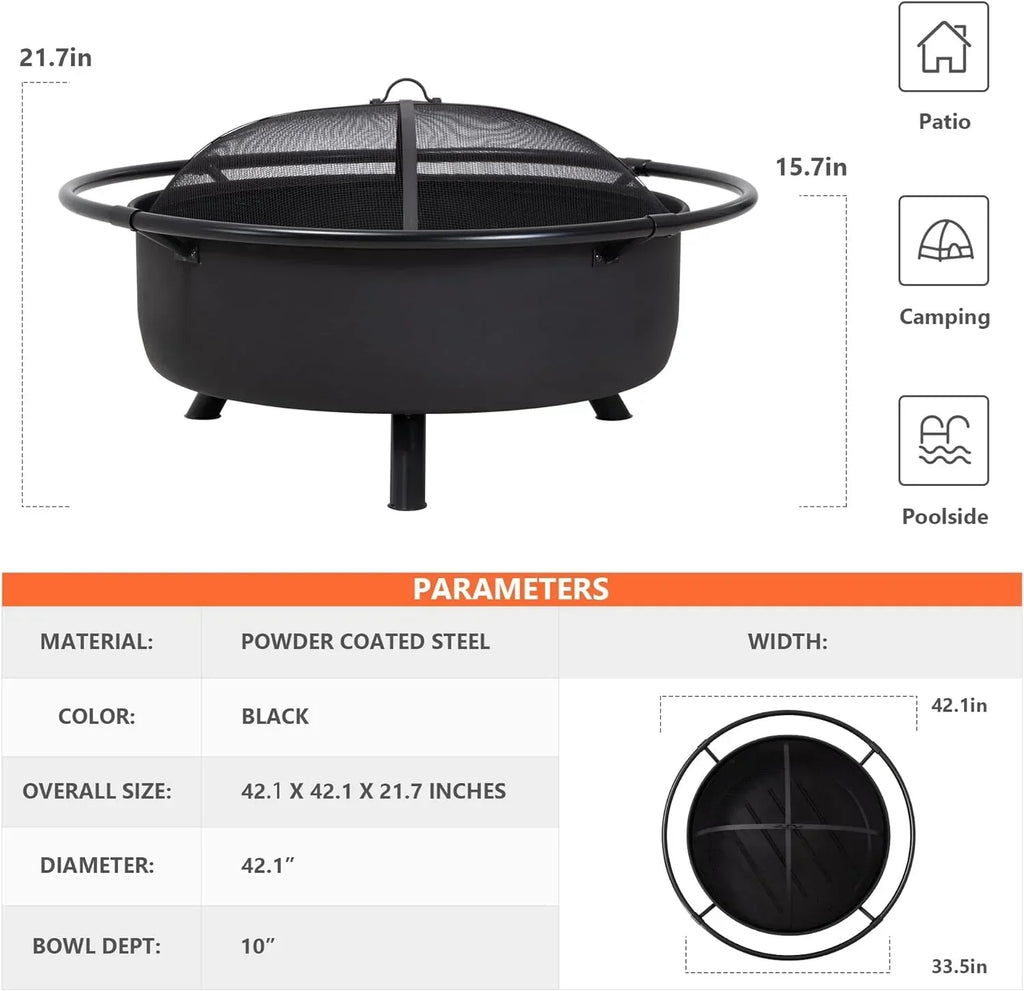 SUNCREAT 42” Patio Fire Pit Wood Burning with Mesh Spark Screen, Bonfire Outdoor firepit with Fireplace Poker, Black