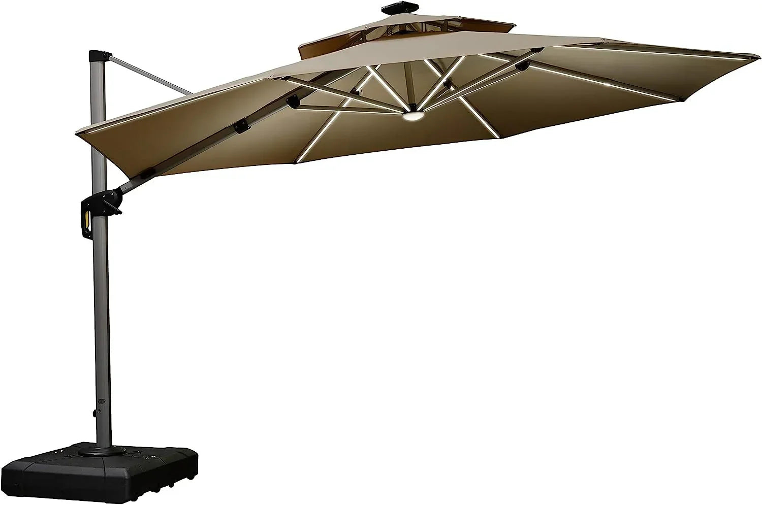 12ft Solar LED Patio Umbrella Outdoor Round Umbrella Large Cantilever Umbrella with LED Lights Windproof Bias Umbrella Heavy Duty Parasol for Garden Deck Pool Patio