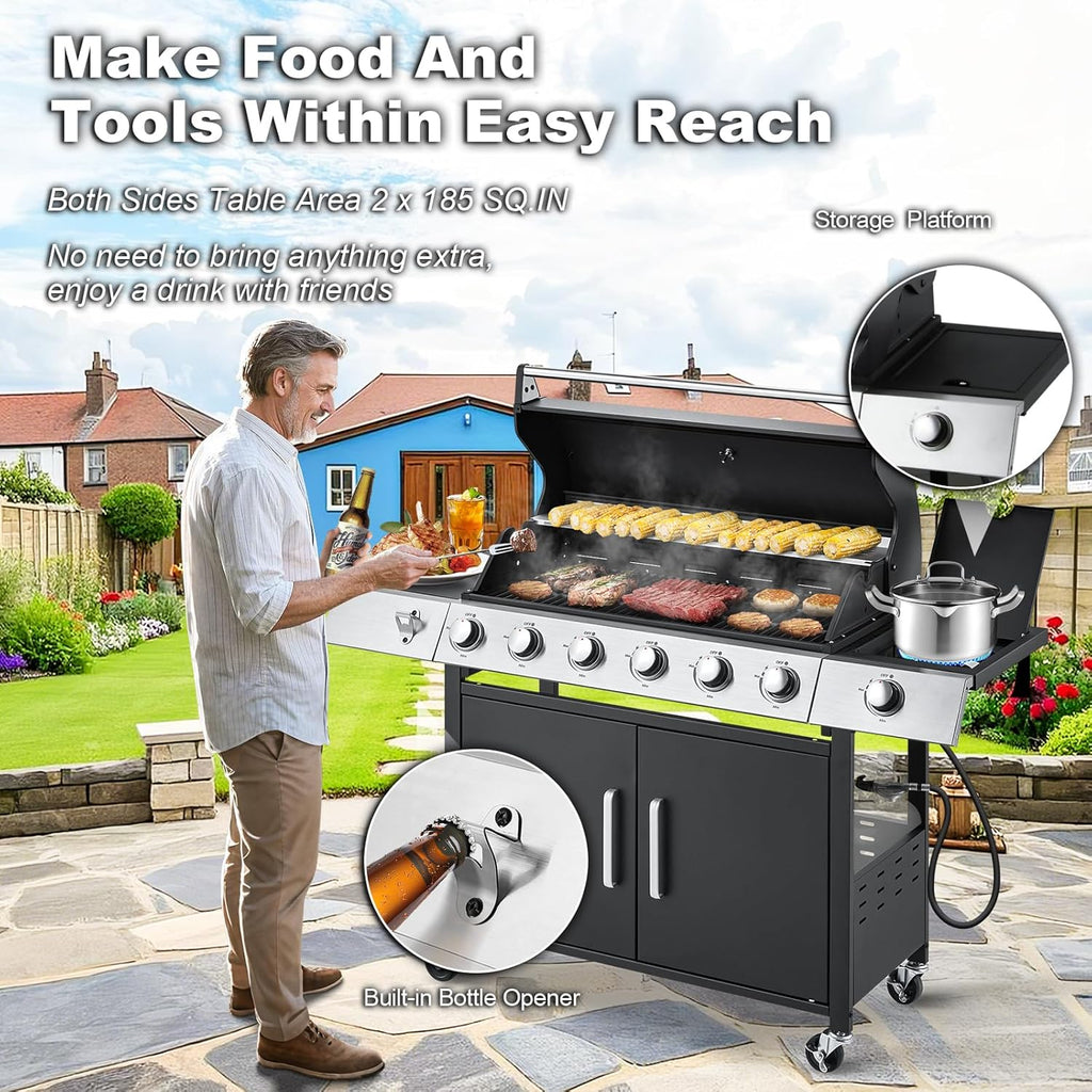 Upgraded 4 Burner BBQ Propane Gas Grill with Cast Iron Grates & Side Stove, 44,000 BTU Stainless Steel Burner Barbecue Grill for Patio, Camping, Outdoor Cooking.