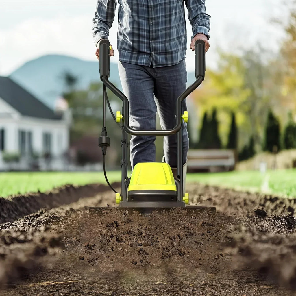 Electric Tiller, 15-Amp 18-Inch Width 9-Inch Depth Corded Tiller Cultivator 24 Durable Steel Tines Gardening Tiller with Adjustable Wheels Foldable Handle for Easy Soil Cultivation