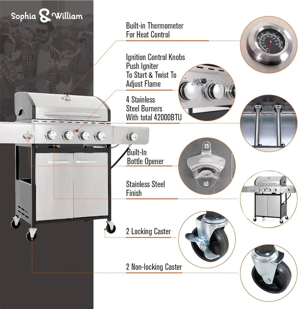 Burner Gas grill with side burner and enameled cast iron grille 42,000BTU outdoor cooking stainless steel propane grill Garden grill, silver