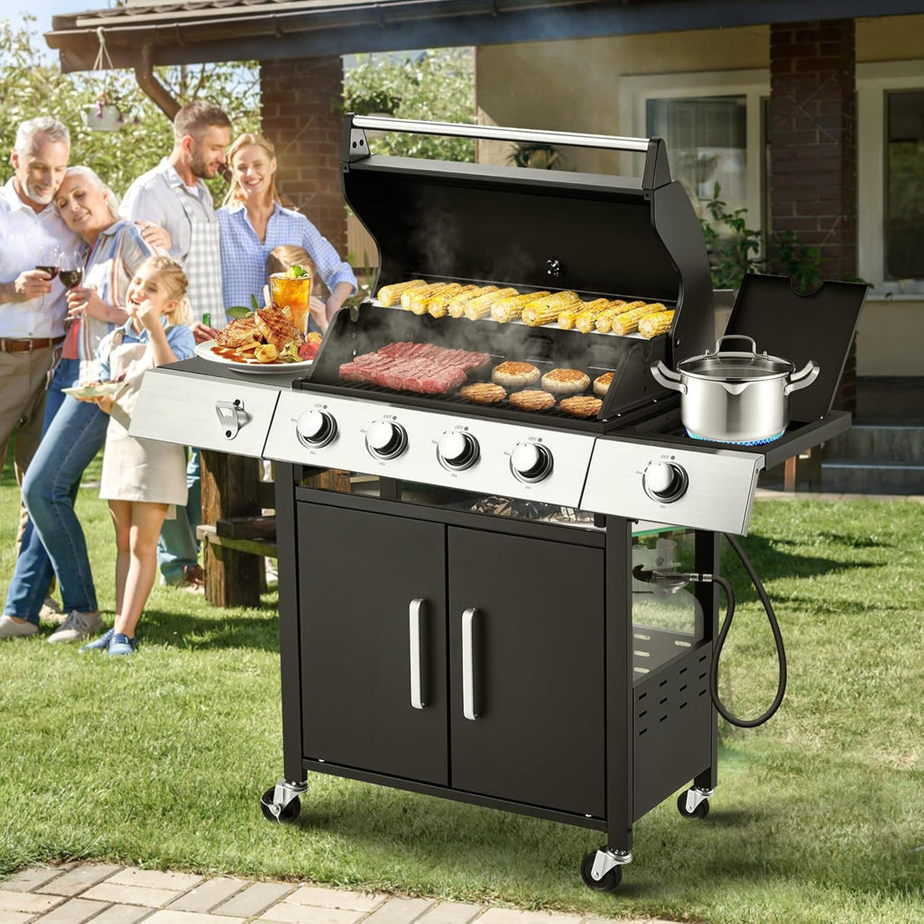 Upgraded 4 Burner BBQ Propane Gas Grill with Cast Iron Grates & Side Stove, 44,000 BTU Stainless Steel Burner Barbecue Grill for Patio, Camping, Outdoor Cooking.