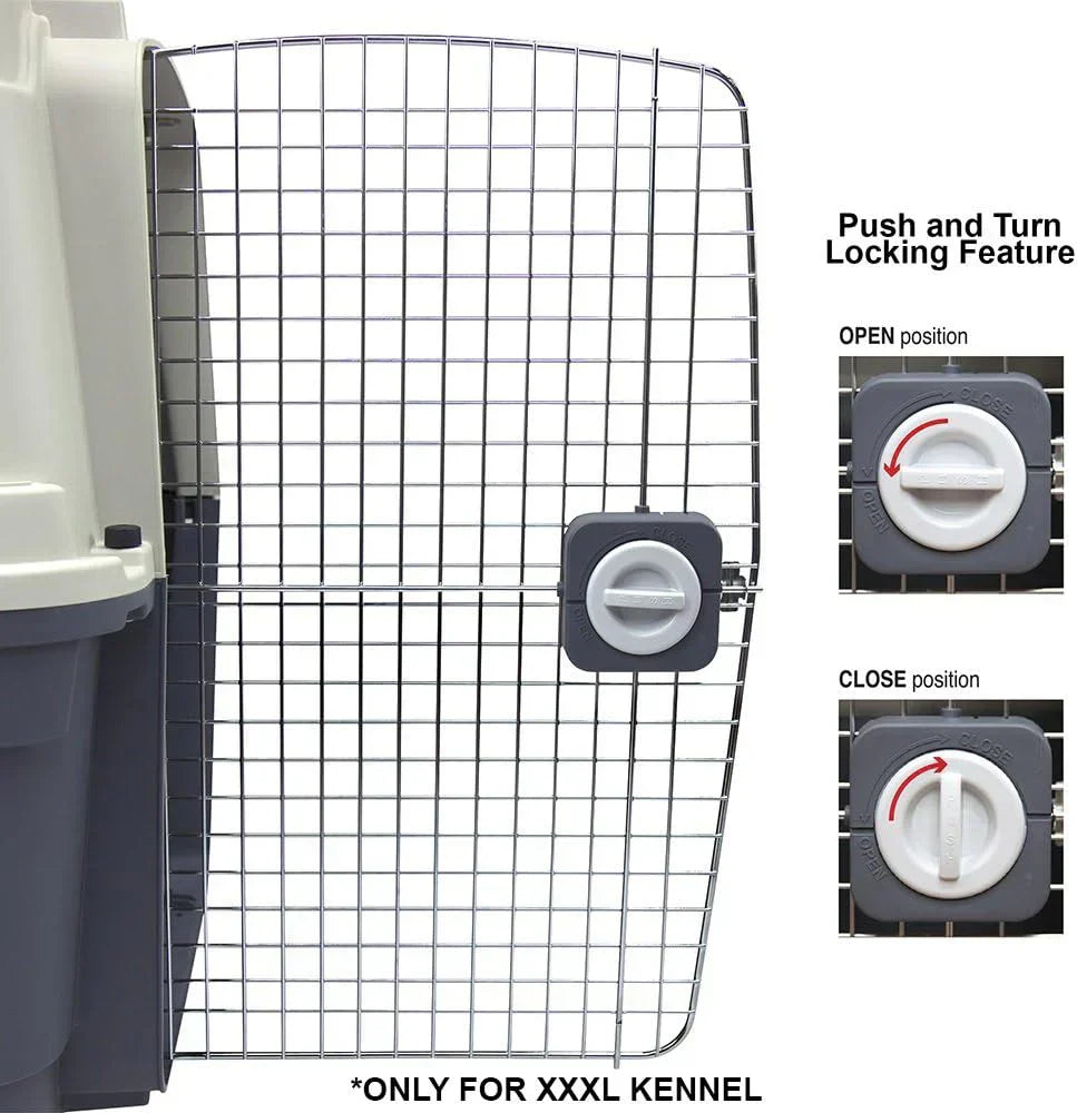 SportPet Designs Plastic Kennels Rolling Plastic Airline Approved Wire Door Travel Dog Crate, XXX-Large, Gray