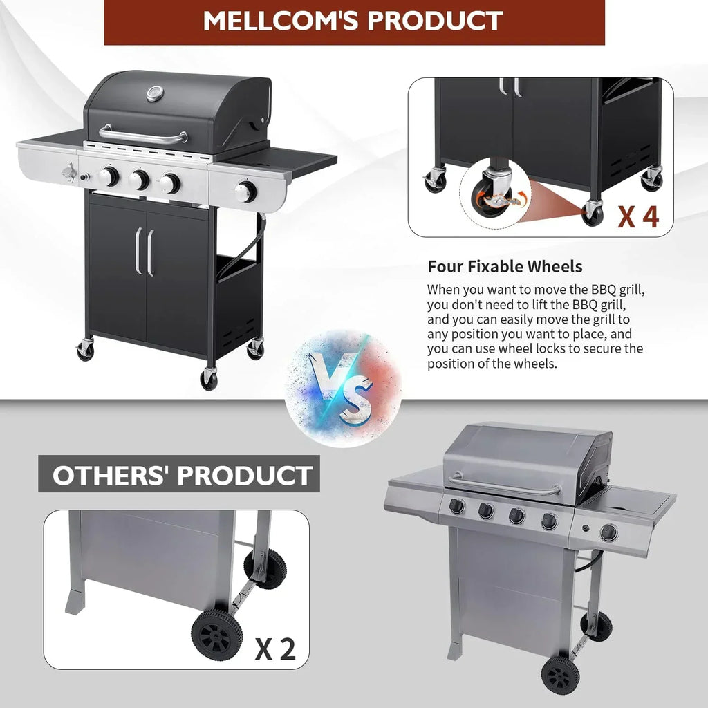 Upgraded 4 Burner BBQ Propane Gas Grill with Cast Iron Grates & Side Stove, 44,000 BTU Stainless Steel Burner Barbecue Grill for Patio, Camping, Outdoor Cooking.