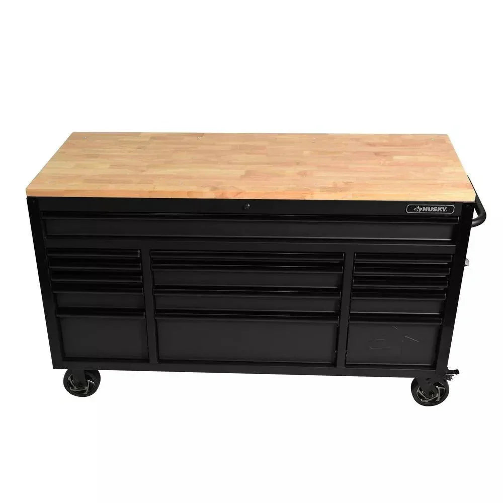 Heavy Duty 61 in. W x 23 in. D 15-Drawer Mobile Workbench with Solid Wood Top