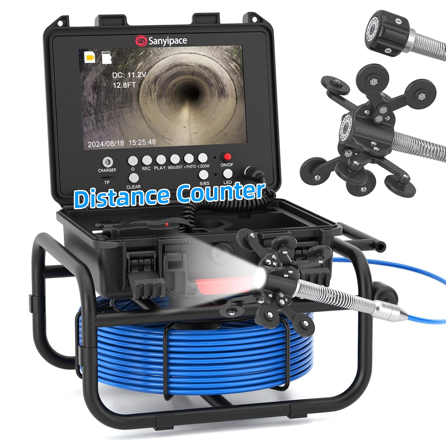 100 feet / 30 meters, 23 mm / 0.9 inches full HD sewer inspection camera, 5x zoom, distance counter, 9-inch IPS screen, digital video recorder and voice recorder, 16GB memory card, suitable for sewer lines, pipes, ventilation ducts, piping systems, p