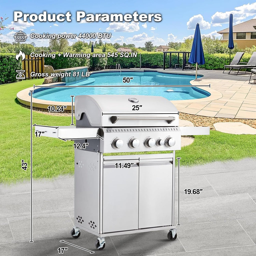 Upgraded 4 Burner BBQ Propane Gas Grill with Cast Iron Grates & Side Stove, 44,000 BTU Stainless Steel Burner Barbecue Grill for Patio, Camping, Outdoor Cooking.