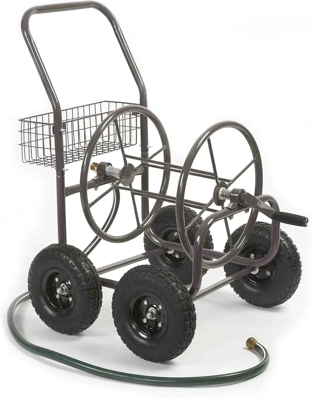 Residential Grade Four Wheel 250 Foot Capacity Steel Frame Water Hose Reel Cart with Basket for Backyard, Garden, or Home, Brown, Bronze