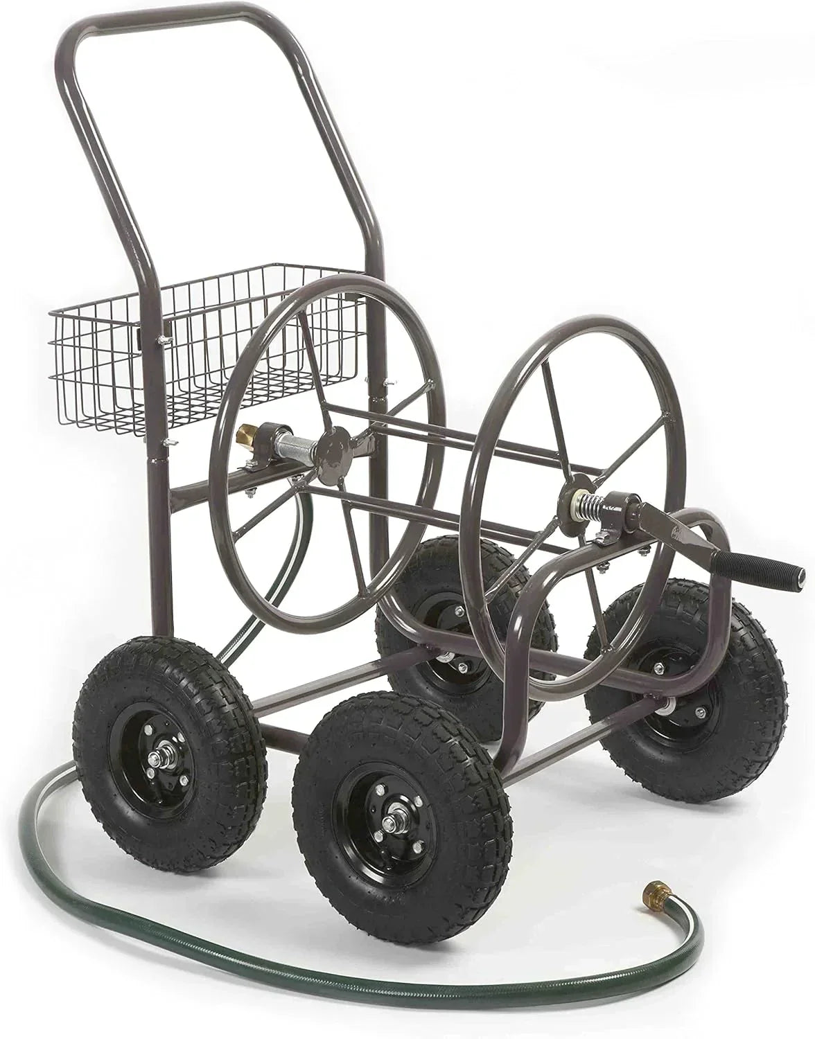 Residential Grade Four Wheel 250 Foot Capacity Steel Frame Water Hose Reel Cart with Basket for Backyard, Garden, or Home, Brown, Bronze