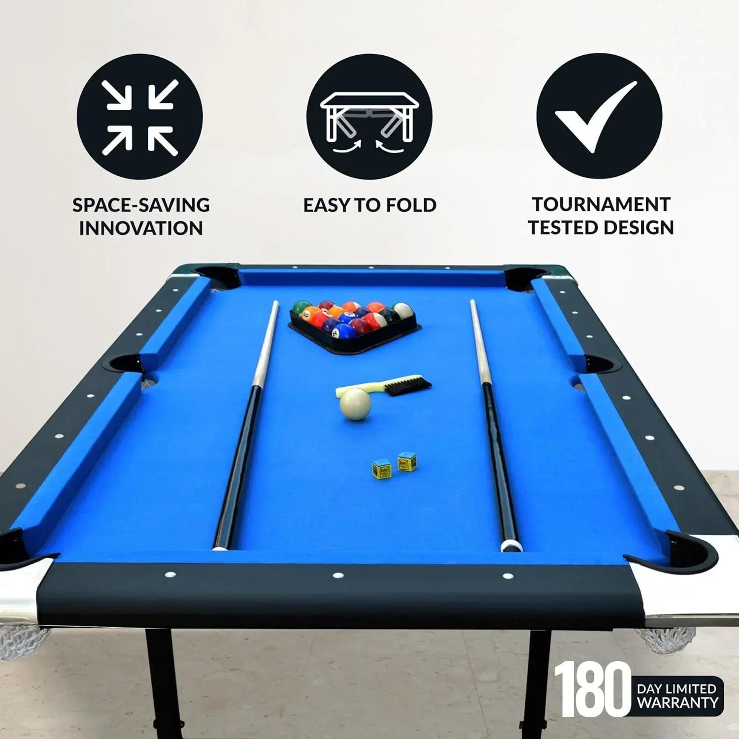 6 Ft Portable Pool Table, Adults Folding Billiards Tables for Game Room with Easy Foldable Storage, Includes Full Set of Billiard Balls, Cues, Chalk & Brush