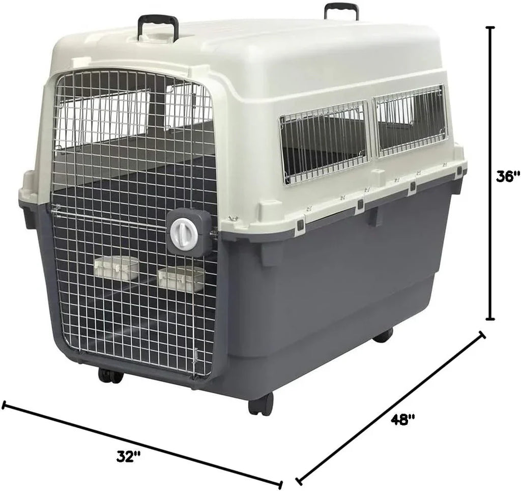 SportPet Designs Plastic Kennels Rolling Plastic Airline Approved Wire Door Travel Dog Crate, XXX-Large, Gray