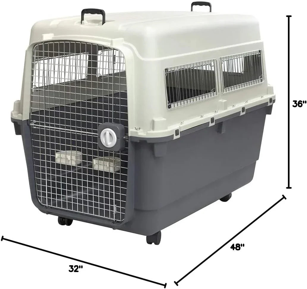 SportPet Designs Plastic Kennels Rolling Plastic Airline Approved Wire Door Travel Dog Crate, XXX-Large, Gray
