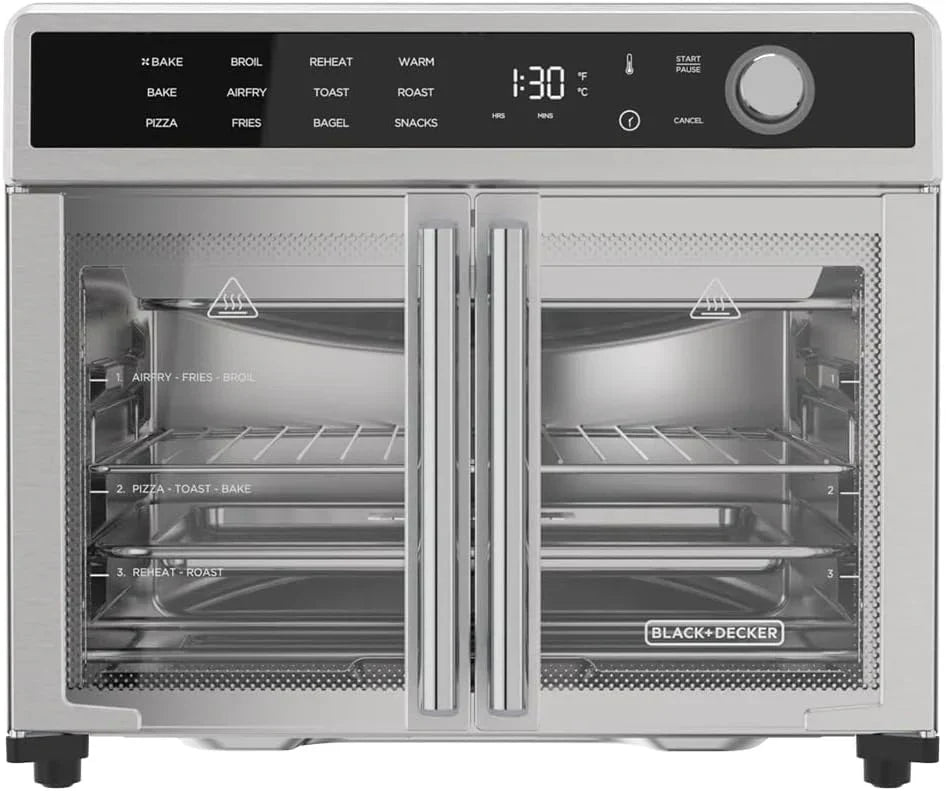 Air Fryer Toaster Oven Combo, 12 in 1 Countertop Convection Oven Cooks Food Fast, Fits a Whole Pizza or 6 Toast Slices, French Doors with Stainless Steel Finish.