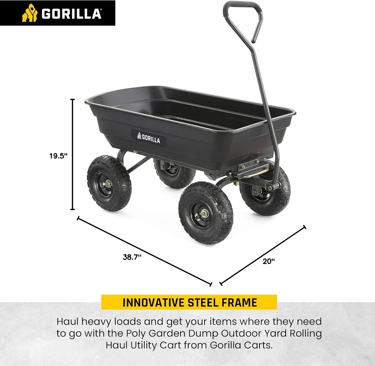 Heavy Duty Poly Utility Dump Wagon Garden Cart w/Pneumatic Tires, 6 Cu Ft - 1200 lb Capacity Outdoor Wheelbarrow for Yard, Landscaping & Gardening, Lawn Tractor or ATV Towable-Gorilla Carts