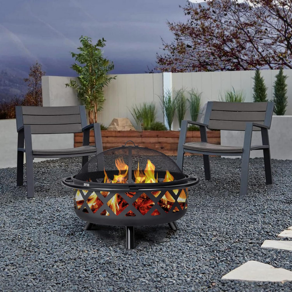 SUNCREAT 42” Patio Fire Pit Wood Burning with Mesh Spark Screen, Bonfire Outdoor firepit with Fireplace Poker, Black