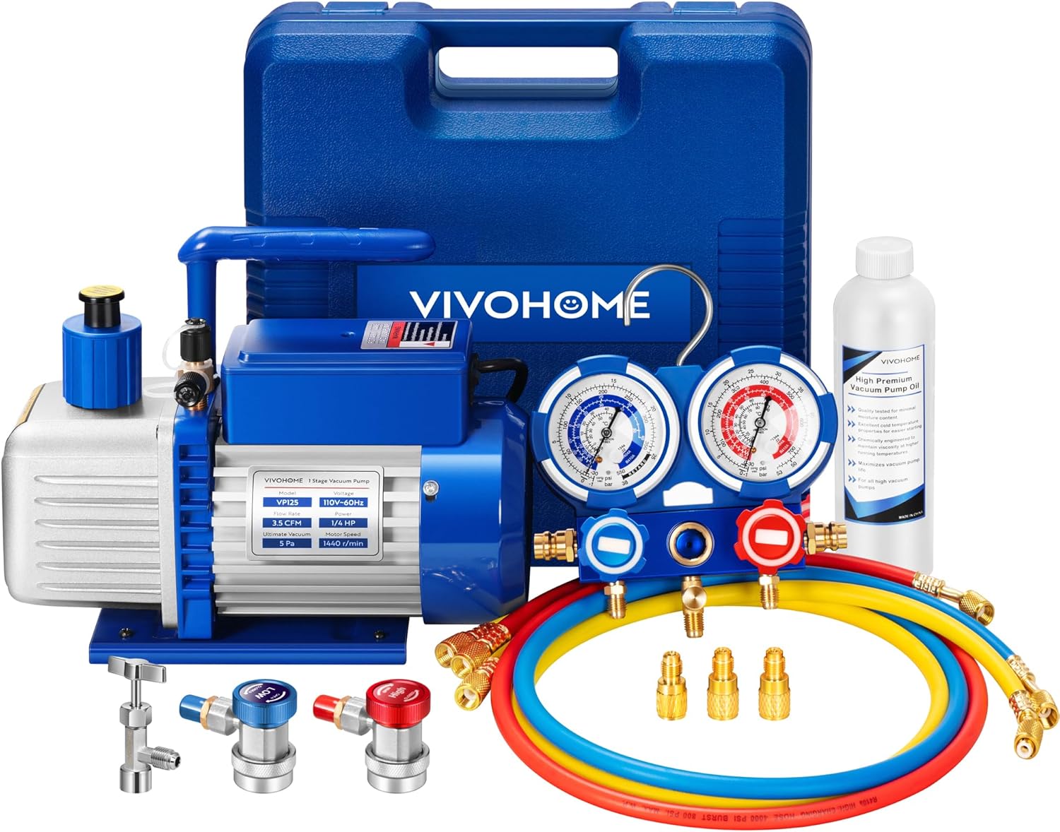 A single-stage rotary vane air vacuum pump with 110V, 1/3 horsepower and 4 cubic feet per minute, as well as an R134a AC manifold pressure gauge kit (with leak detector carry bag), is suitable for HVAC refrigeration and charging applications.