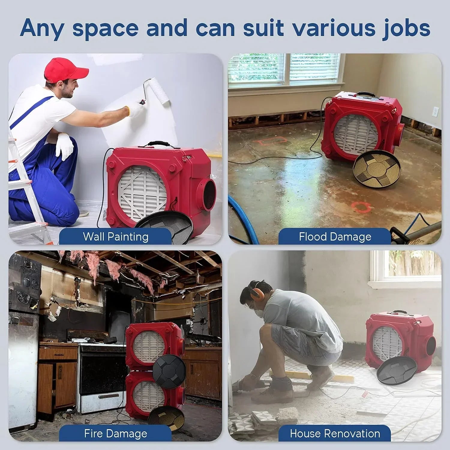 Air Scrubber with 3 Stage Filtration, Stackable Negative Air Machine for Industrial and Commercial Use, Heavy Duty Air Cleaner with MERV-10 Filter, HEPA/Activated carbon Filter, Red