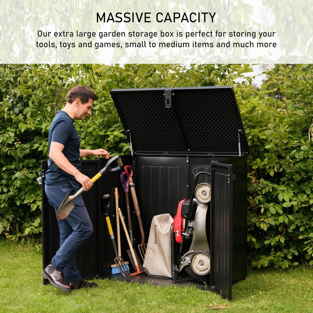 775L Waterproof Outdoor Garden Storage Box with Lid & Doors, Lockable Bin & Bike Shed