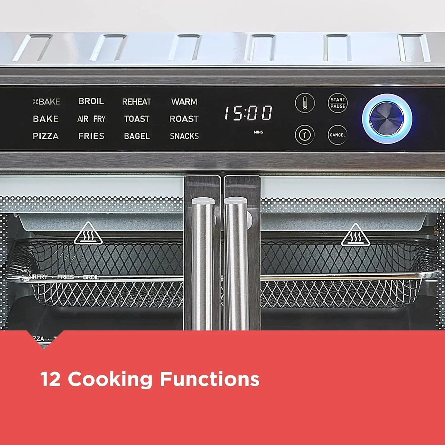 Air Fryer Toaster Oven Combo, 12 in 1 Countertop Convection Oven Cooks Food Fast, Fits a Whole Pizza or 6 Toast Slices, French Doors with Stainless Steel Finish.