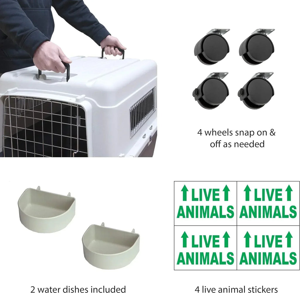SportPet Designs Plastic Kennels Rolling Plastic Airline Approved Wire Door Travel Dog Crate, XXX-Large, Gray