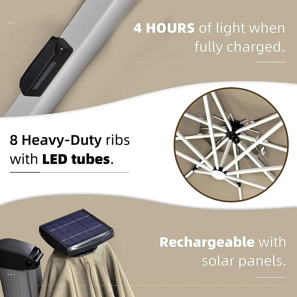 12ft Solar LED Patio Umbrella Outdoor Round Umbrella Large Cantilever Umbrella with LED Lights Windproof Bias Umbrella Heavy Duty Parasol for Garden Deck Pool Patio