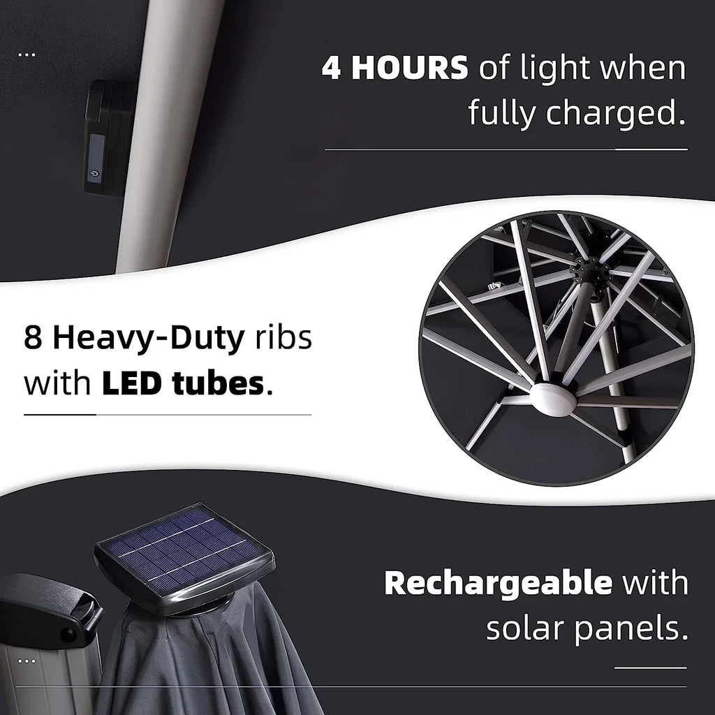 12ft Solar LED Patio Umbrella Outdoor Round Umbrella Large Cantilever Umbrella with LED Lights Windproof Bias Umbrella Heavy Duty Parasol for Garden Deck Pool Patio