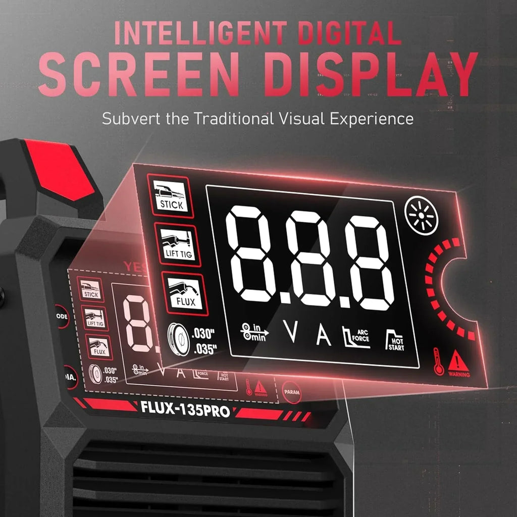 135Amp MIG Welder,110V Flux Core Welder Flux Core MIG/Lift TIG/Stick 3-in-1 Large LED Digital Display Welding Machine IGBT Inverter Welder FLUX-135PRO