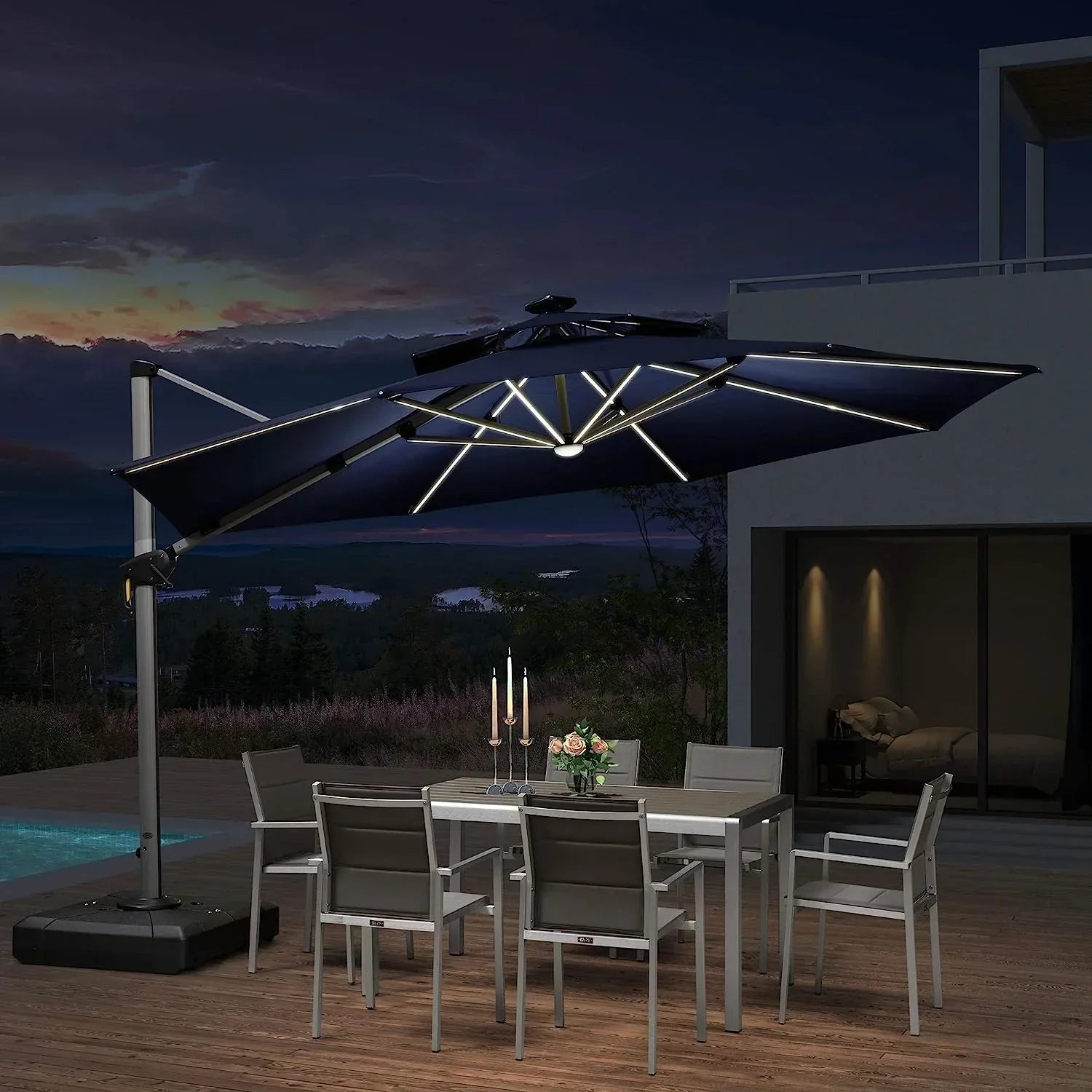 12ft Solar LED Patio Umbrella Outdoor Round Umbrella Large Cantilever Umbrella with LED Lights Windproof Bias Umbrella Heavy Duty Parasol for Garden Deck Pool Patio