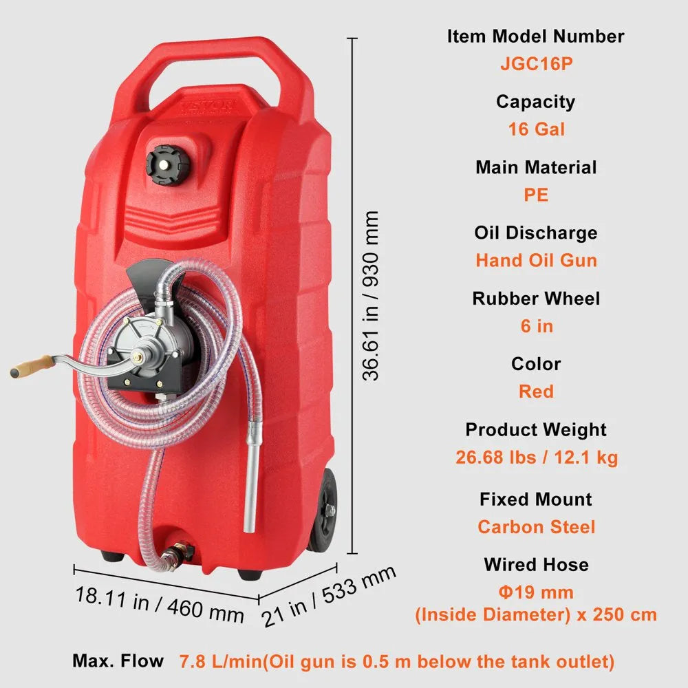 16 Gallon Fuel Caddy, 7.8 L/Min, Portable Gas Storage Tank Container