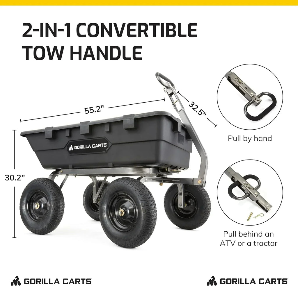 Heavy Duty Poly Utility Dump Wagon Garden Cart w/Pneumatic Tires, 6 Cu Ft - 1200 lb Capacity Outdoor Wheelbarrow for Yard, Landscaping & Gardening, Lawn Tractor or ATV Towable-Gorilla Carts