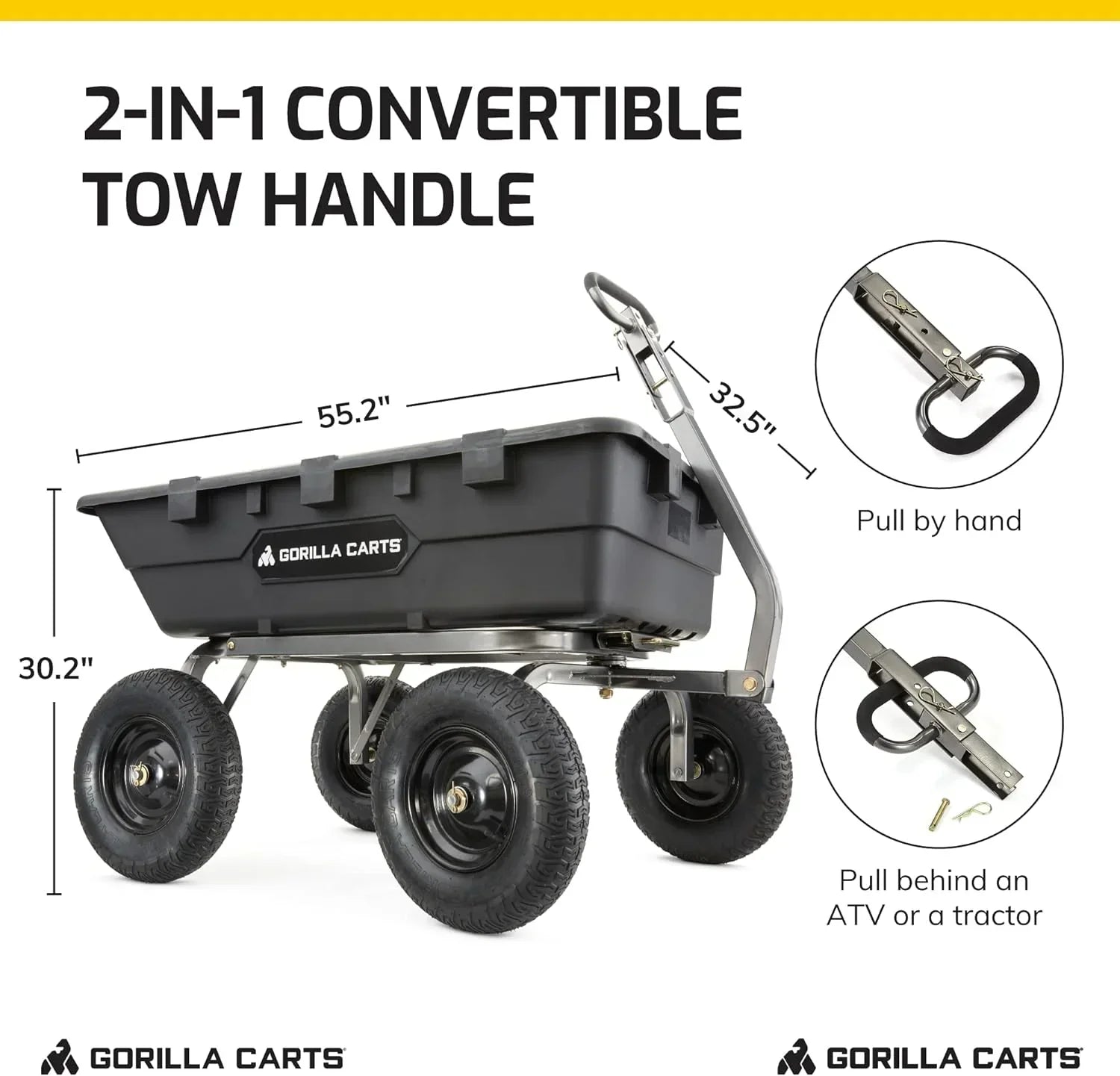 Heavy Duty Poly Utility Dump Wagon Garden Cart w/Pneumatic Tires, 6 Cu Ft - 1200 lb Capacity Outdoor Wheelbarrow for Yard, Landscaping & Gardening, Lawn Tractor or ATV Towable-Gorilla Carts