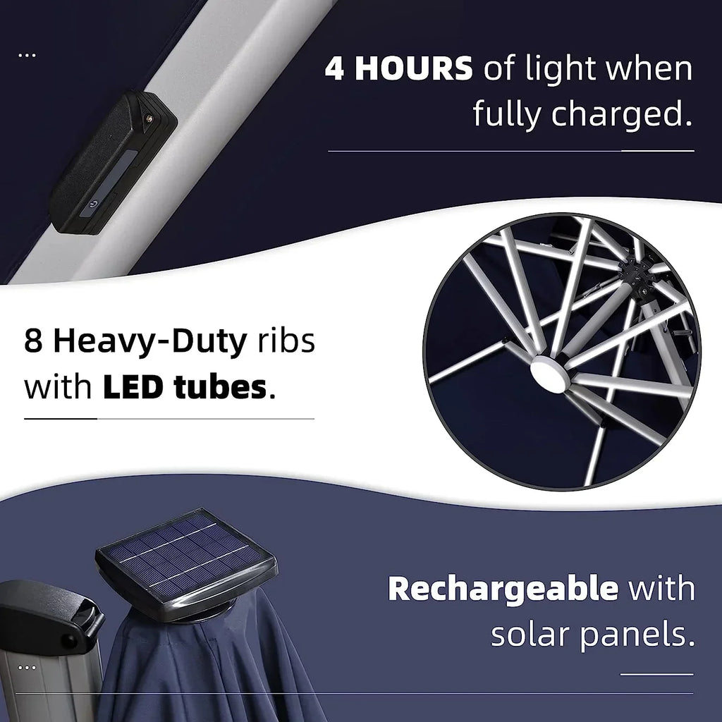 12ft Solar LED Patio Umbrella Outdoor Round Umbrella Large Cantilever Umbrella with LED Lights Windproof Bias Umbrella Heavy Duty Parasol for Garden Deck Pool Patio