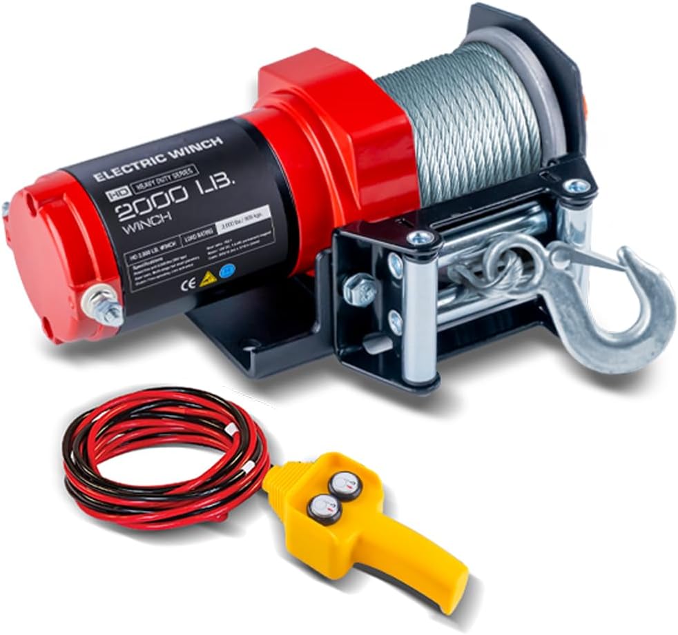 RUGCEL WINCH 12000lb 12V Truck Waterproof Electric Black Steel Rope Electric Winch with Roller Fairlead,Wired Handle,2 Infrared Remote Control, Trailer Winch