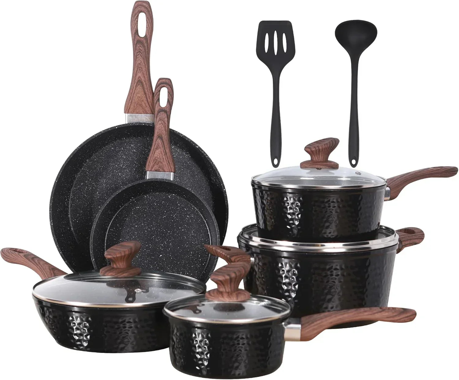 Induction Cookware Sets - 12 Piece Cooking Pan Set, Granite Black Nonstick Pots and Pans Set
