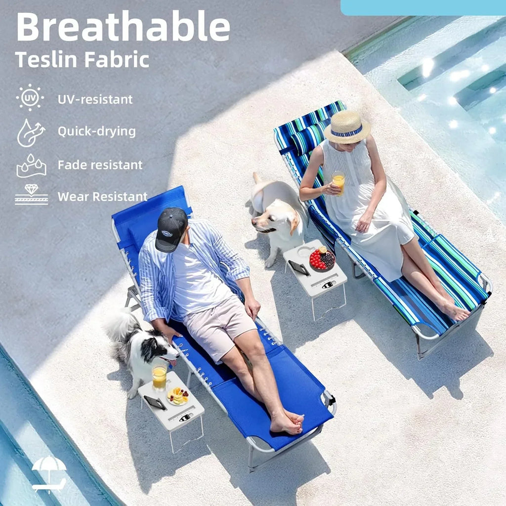 3-in-1 Outdoor Sun Tanning Lounge Chair with Face Hole – 5-Position Recliner, Folding Side Table & Removable Pillow, 330lbs Capacity, Blue